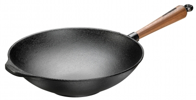 Wok Ø 32 cm 4,5 litri in ghisa - manico in noce e manico da banco Skeppshult