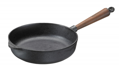 Serving pan cast iron Ø 25 cm - wooden handle walnut & counter handle. High edge 6 cm Skeppshult