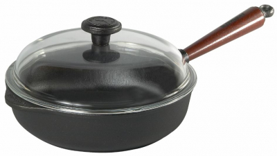 Poèle sauteuse / casserole profonde Ø 25 cm en fonte avec couvercle en verre - bord haut 6 cm, manche en bois de noyer Skeppshult