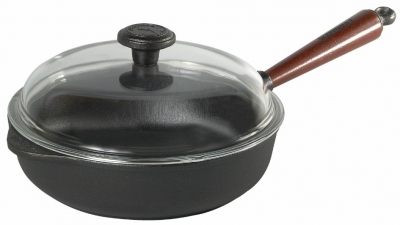 Cast iron serving pan / deep pan Ø 25 cm with wooden handle beech & glass lid, high edge 6 cm Skeppshult