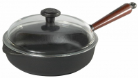 Serving pan / Deep pan Ø 25 cm cast iron with glass lid - High edge 6 cm, wooden handle walnut Skeppshult