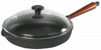 Serving pan / Deep pan Ø 28 cm cast iron with glass lid - High edge 6 cm, wooden handle walnut Skeppshult