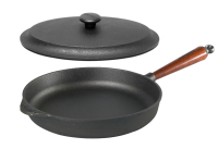Cast iron serving pan / deep pan Ø 28 cm with wooden handle beech and cast iron lid, high edge 5 cm Skeppshult 0130T-JL